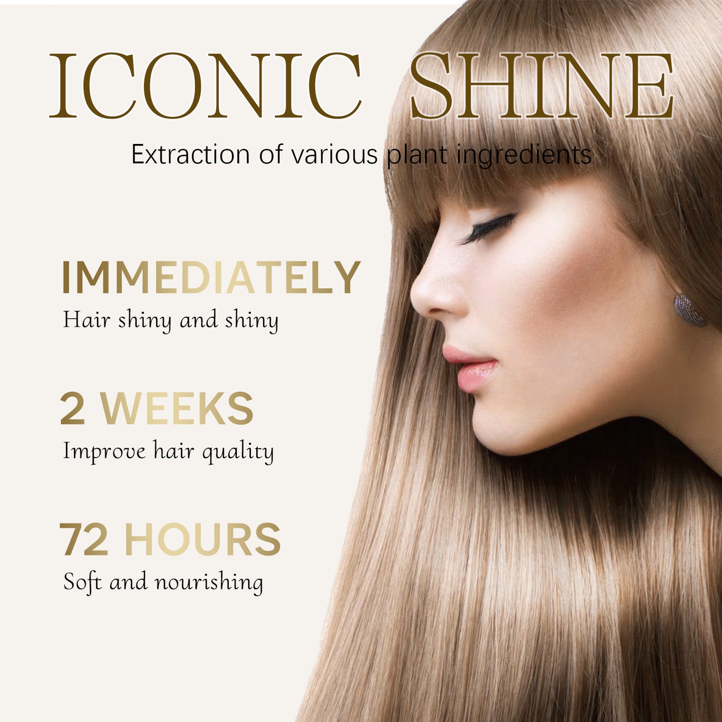 Melysia keratin hair care spray advertisement highlighting shine, hydration, and hair quality improvement.