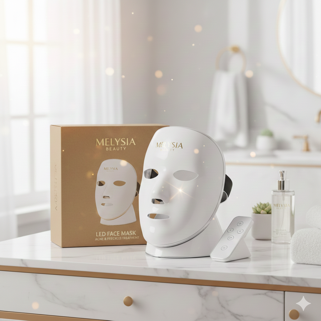 Multi-color LED masks displayed on a vanity, highlighting their versatility in skincare.