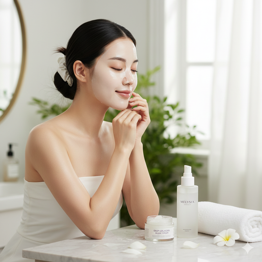 Woman applying a deep collagen mask patch for radiant skin in a bright bathroom setting.