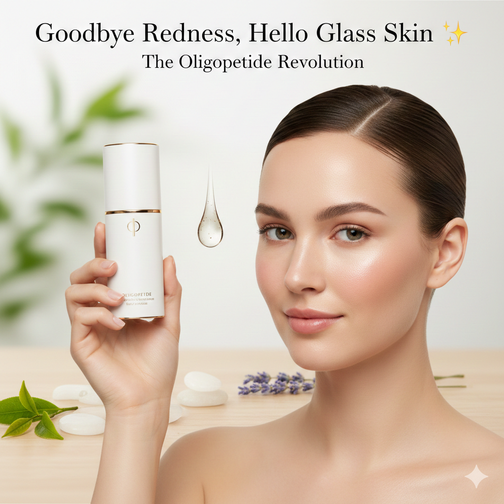 Model showcasing skincare product related to the biohacking eye routine, emphasizing the oligopeptide revolution.