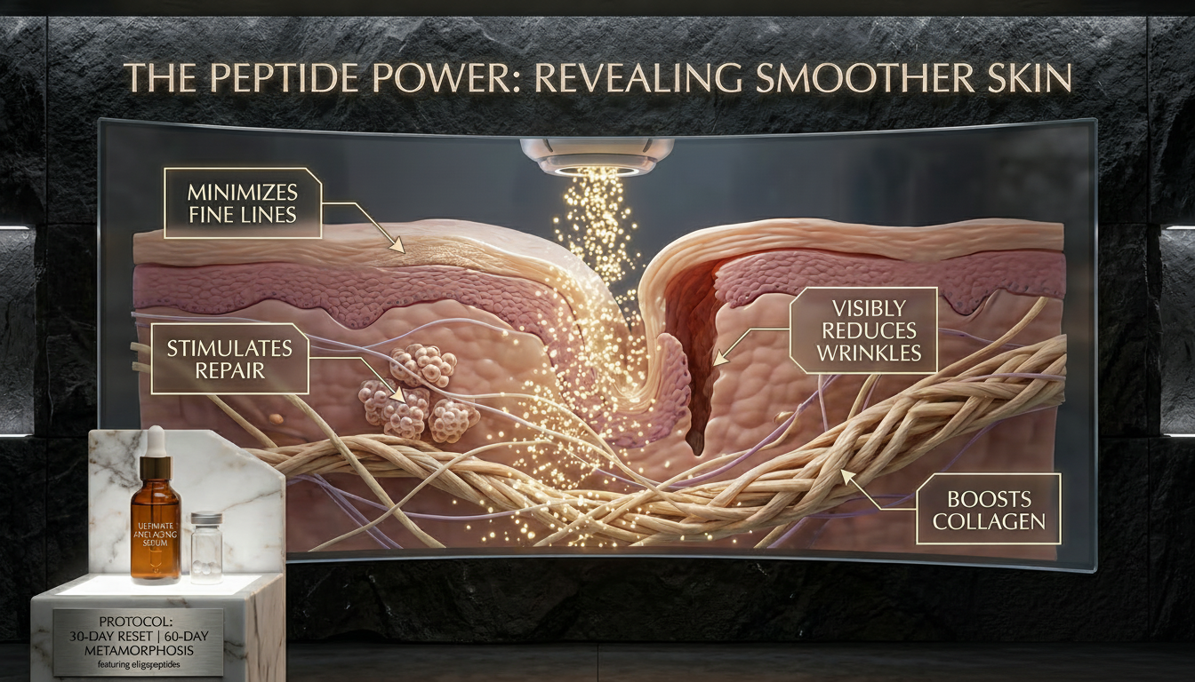 Illustration of skin benefits from peptides for youthful skin, showcasing collagen boost, wrinkle reduction, and fine line minimization.