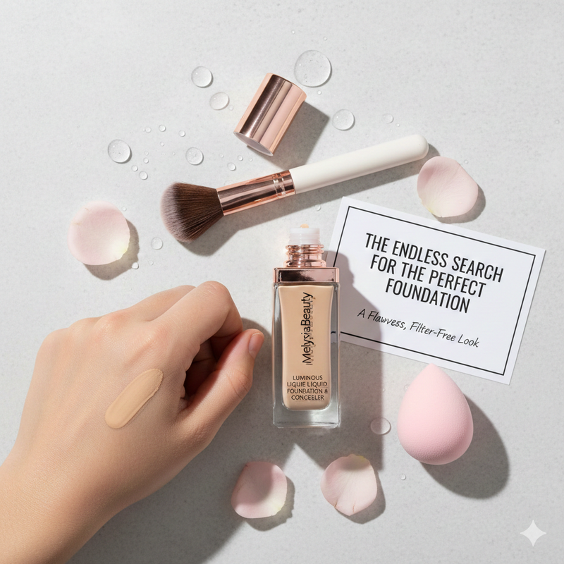 Close-up of foundation bottle and tools with a hand swatching foundation, highlighting new foundation rules.