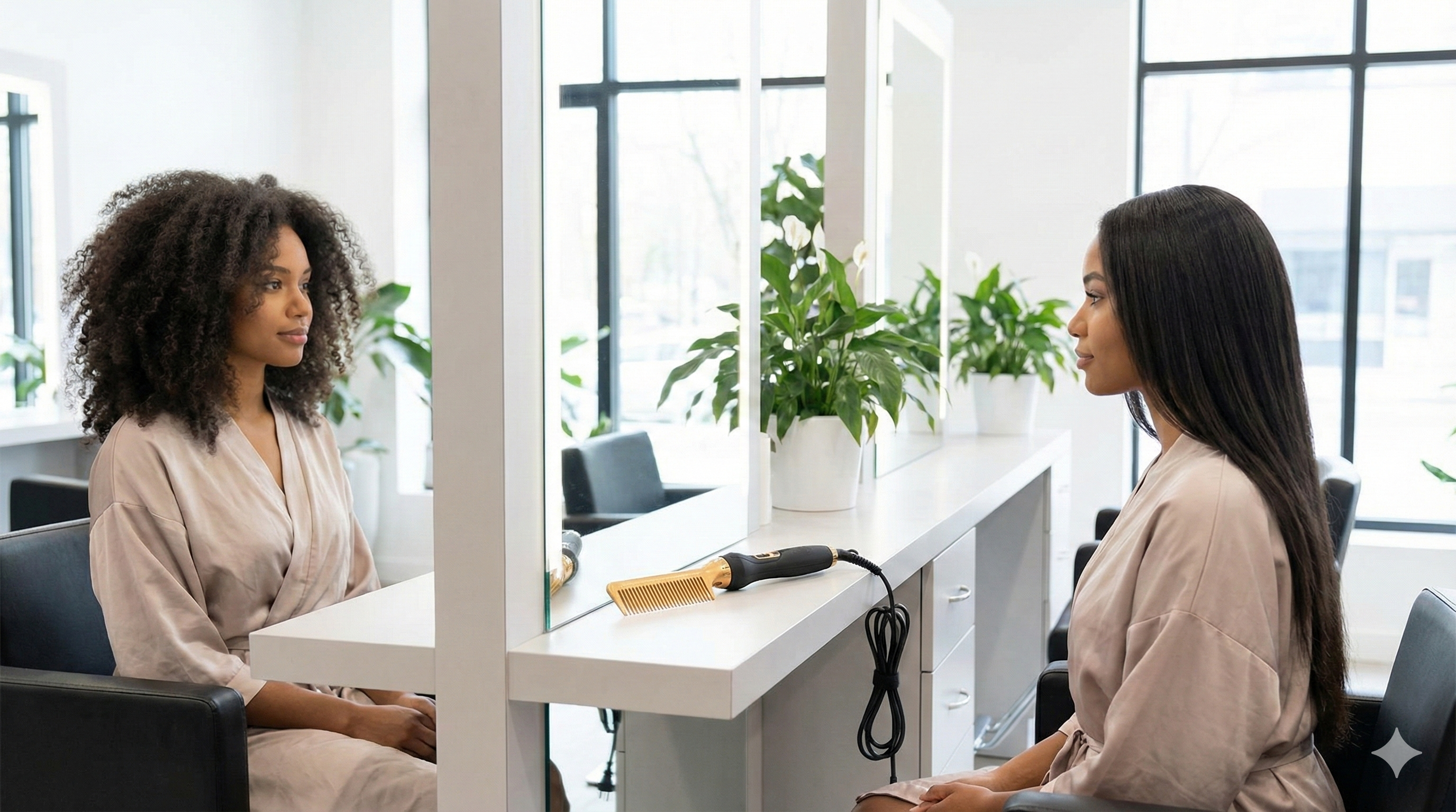 Two women in a salon with the MelysiaBeauty Copper Hot Comb on the table, preparing for a silk press.