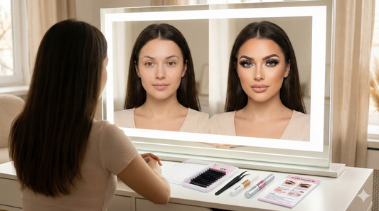 Before and after results of at-home lash extensions application in a bright room with a mirror.