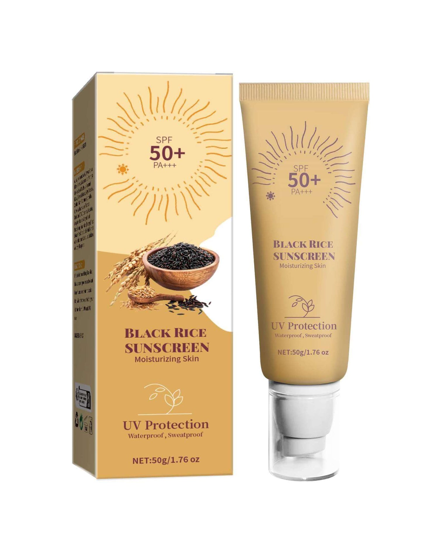 Black Rice Moisturizing Cream UV Isolation Sunscreen Cream in packaging with SPF 50+ for UV protection and hydration.