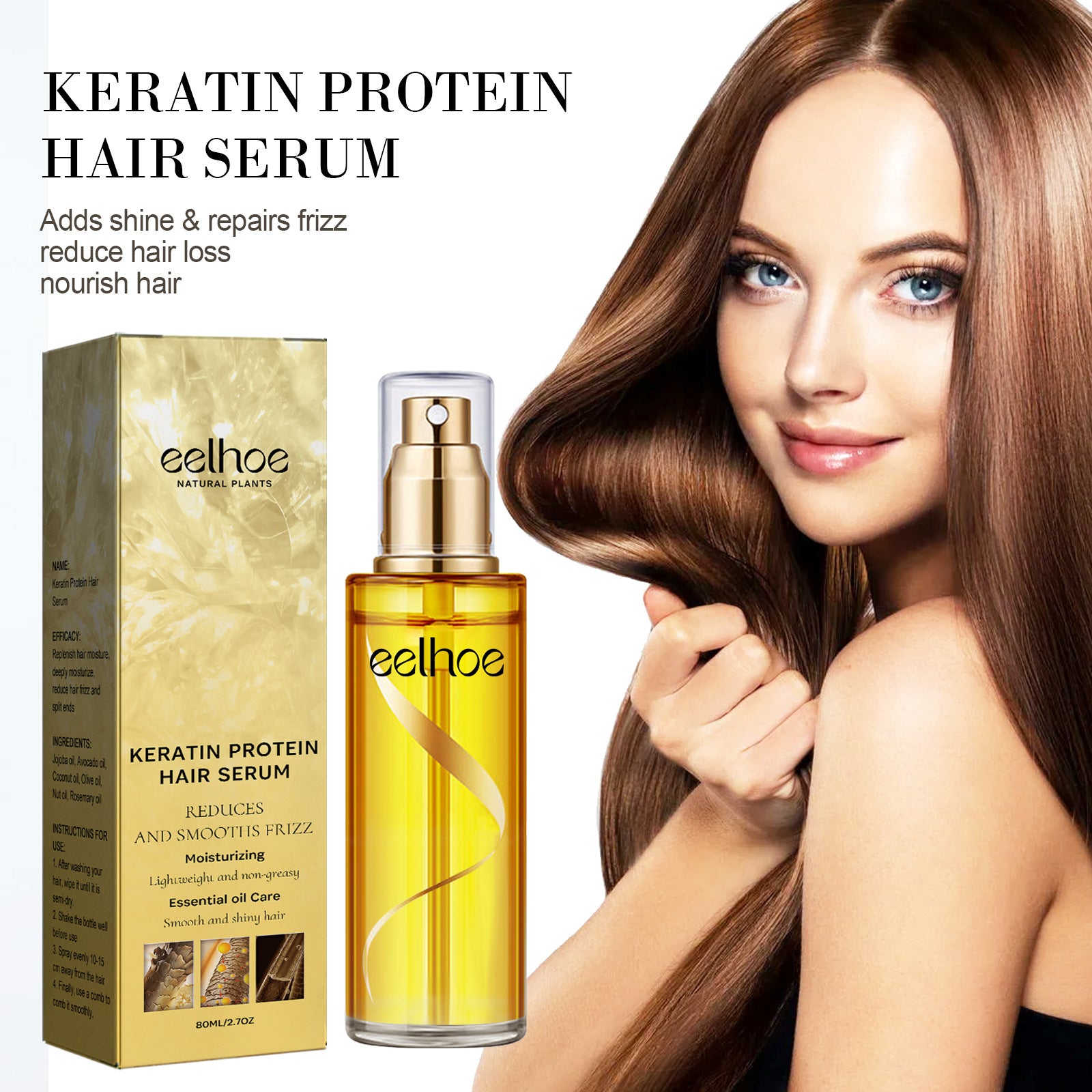 Melysia keratin hair care spray for frizz-free shine and deep nourishment, features Eelhoe Keratin Protein Hair Serum.