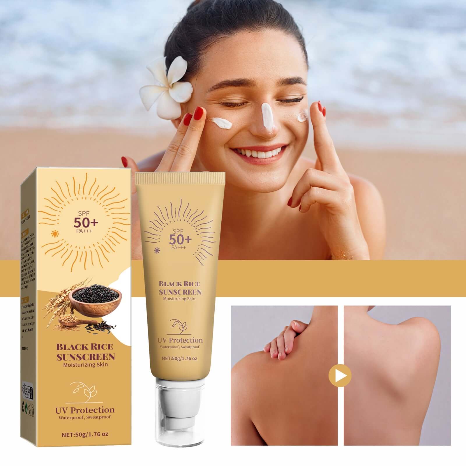 Black Rice Moisturizing Cream UV Isolation Sunscreen Cream shown with model applying sunscreen on beach.