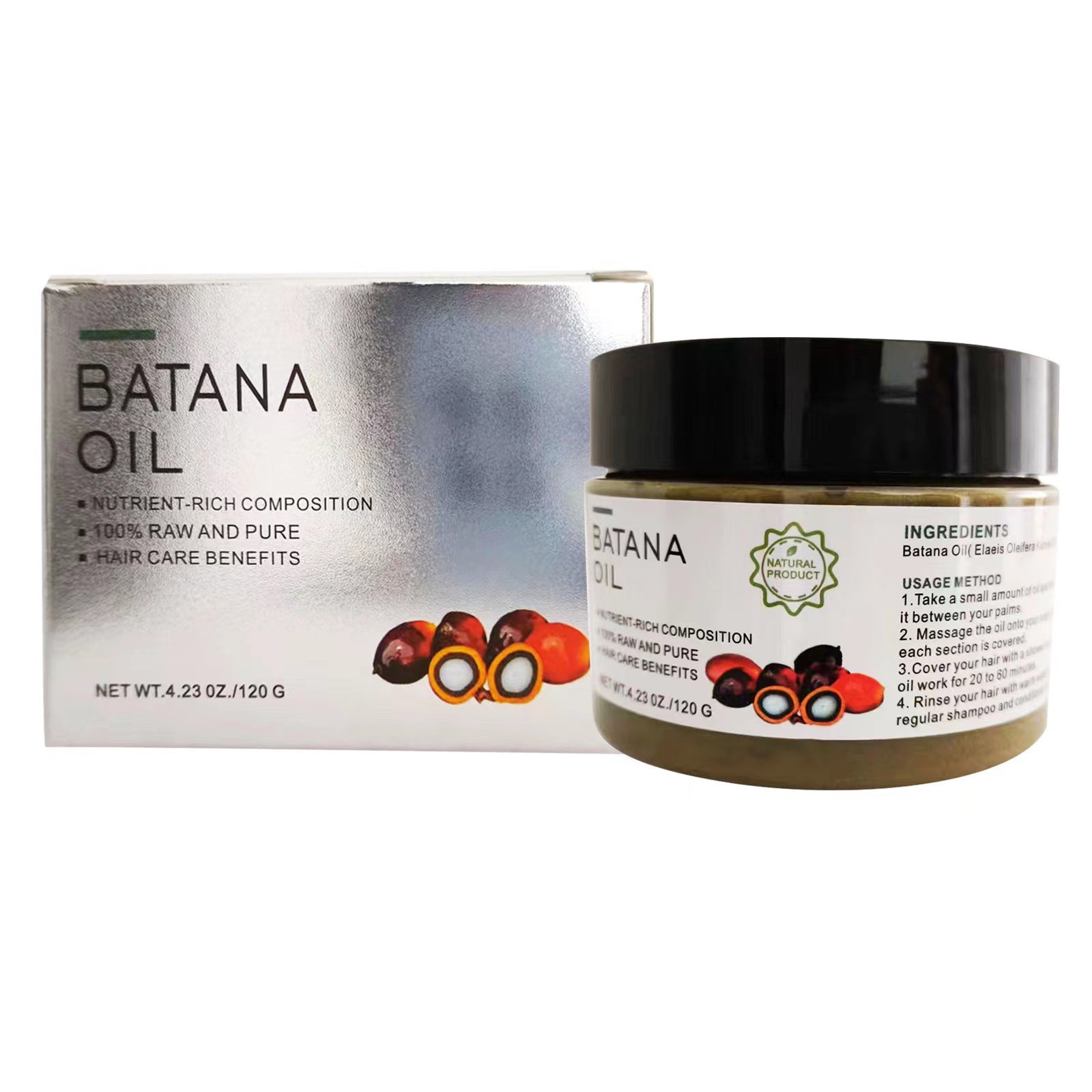 Melysia Batana Essential Oil Hair Mask in a jar with packaging showing nutrient-rich composition and hair care benefits.