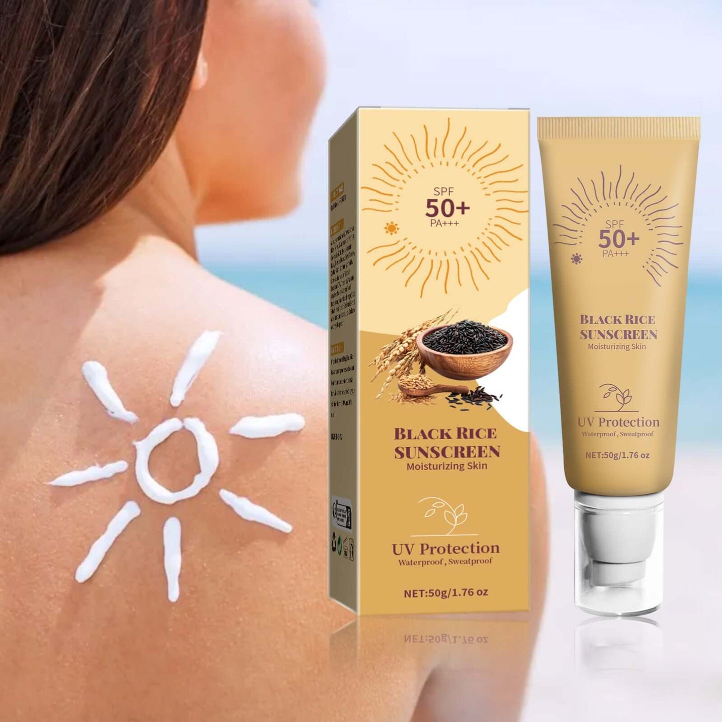 Black Rice Moisturizing Cream UV Isolation Sunscreen Cream with SPF 50+ on sun-kissed skin for hydration and protection.