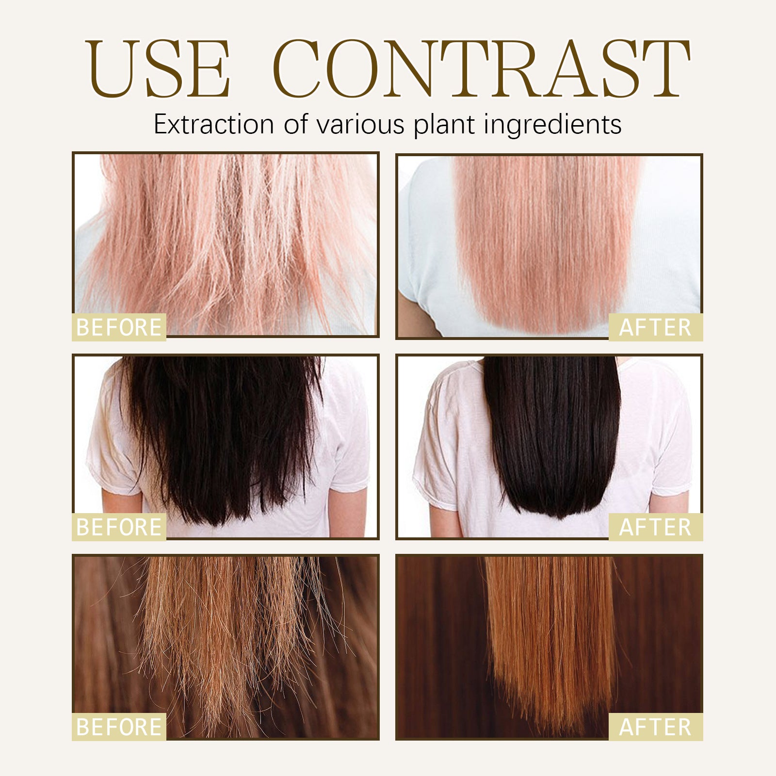 Before and after hair texture results showcasing Melysia keratin hair care spray using various plant ingredients.