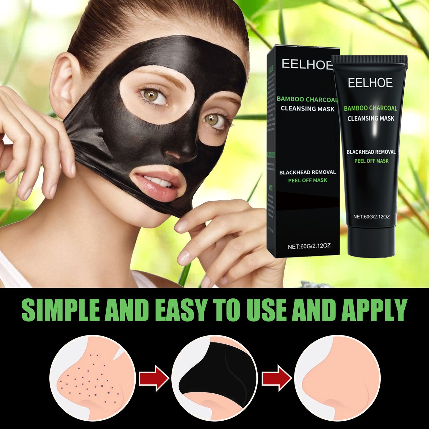 Bamboo charcoal peel-off mask, Blackhead removal mask, Charcoal face mask, Deep cleansing face mask