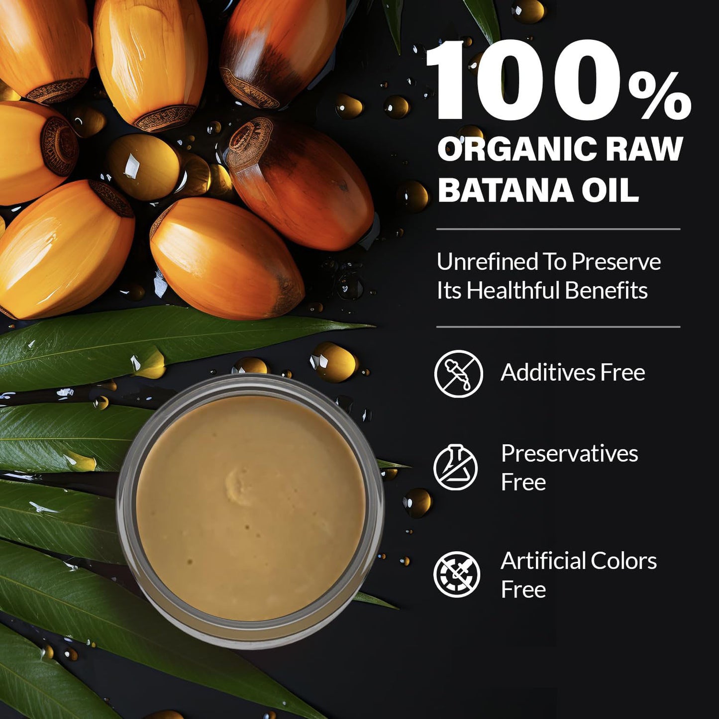 Melysia Batana Essential Oil Hair Mask featuring 100% organic raw Batana oil, unrefined for health benefits and free from additives.