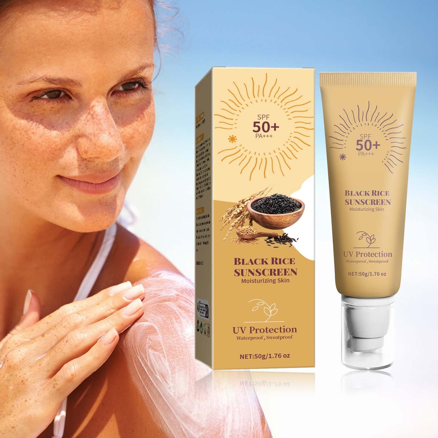 Black Rice Moisturizing Cream UV Isolation Sunscreen Cream with SPF 50+, hydrating skin and providing UV protection.