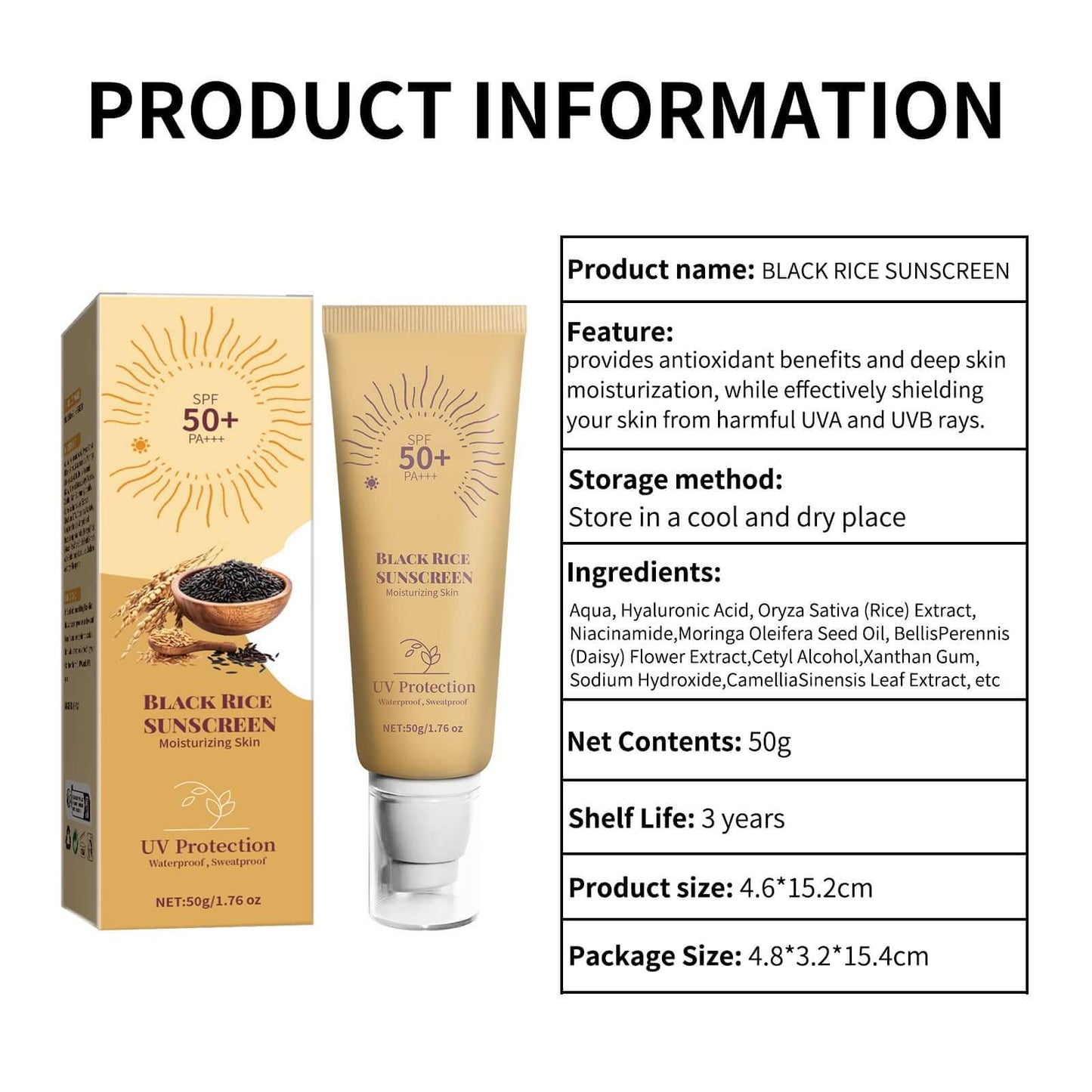 Black Rice Moisturizing Cream UV Isolation Sunscreen Cream packaging and product information displayed.