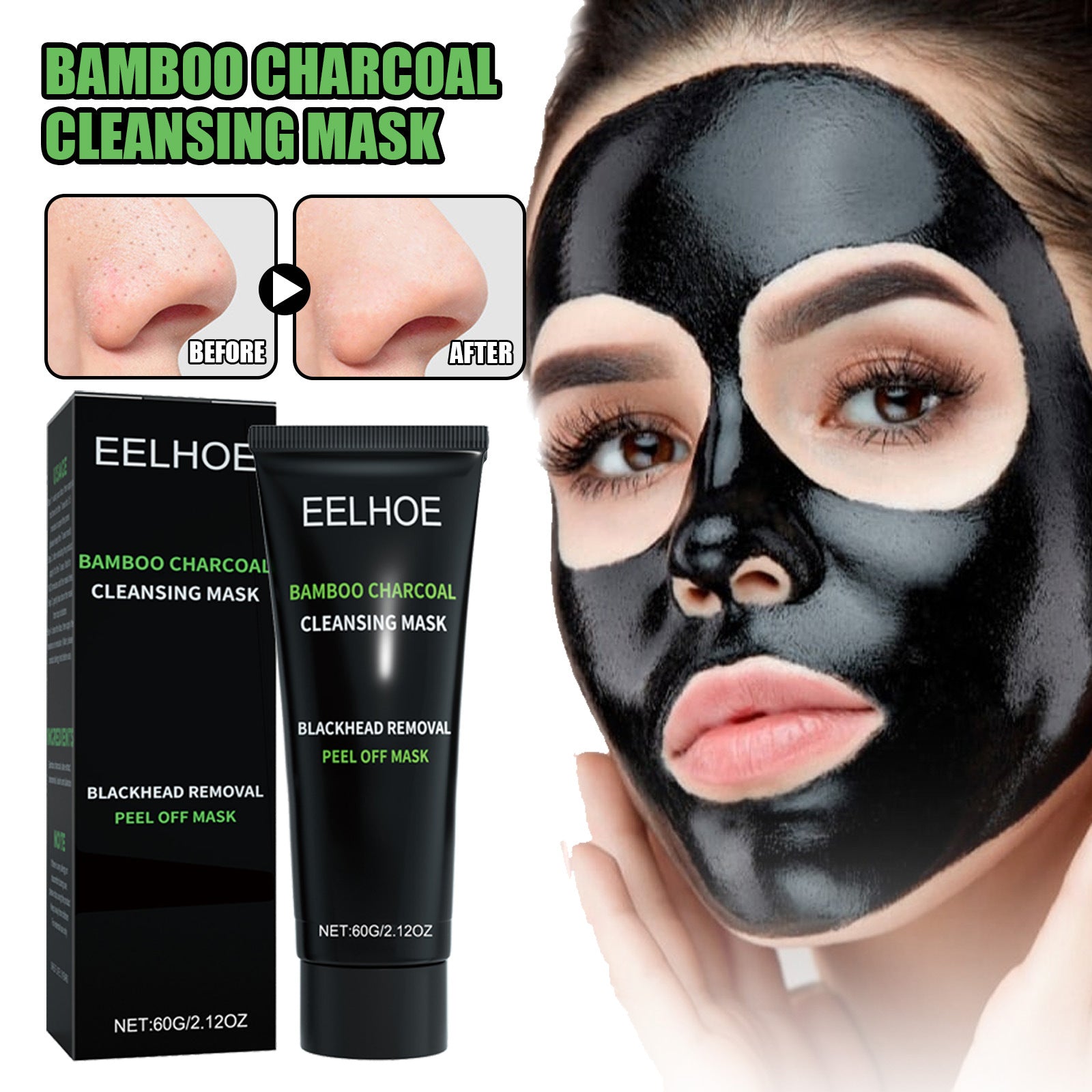 Bamboo charcoal peel-off mask, Blackhead removal mask, Charcoal face mask, Deep cleansing face mask