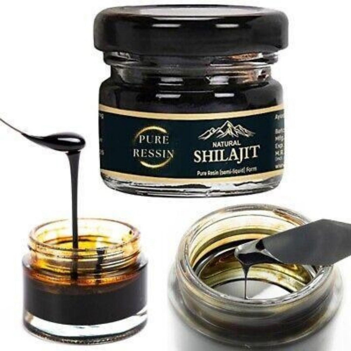 Pure Shilajit Resin Benefits shown in pure resin jar, highlighting energy, vitality, and wellness.