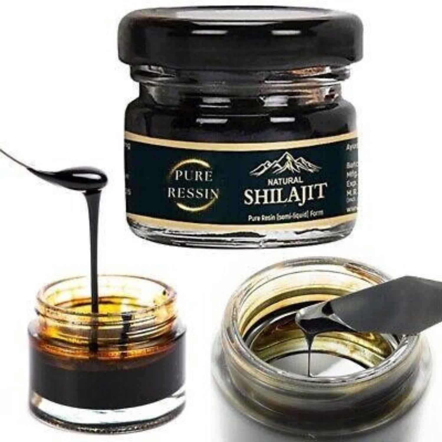 Pure Shilajit Resin Benefits shown in pure resin jar, highlighting energy, vitality, and wellness.